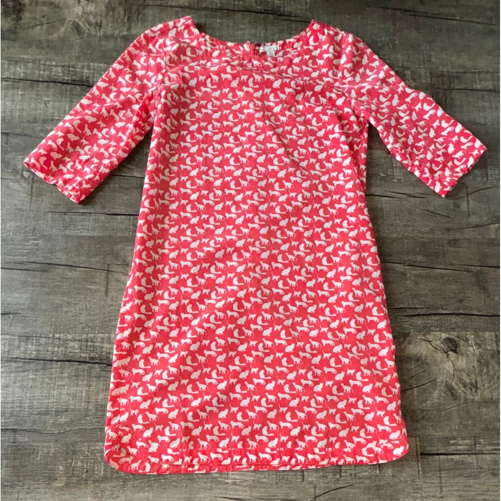 Gap Womens‎ Coral White Cat Print Shift Dress 3/4 Sleeve Size XS Animal Pattern